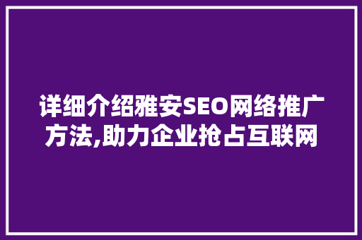 详细介绍雅安SEO网络推广方法,助力企业抢占互联网市场先机
