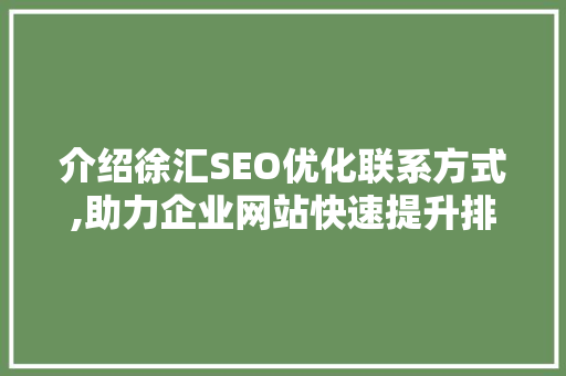 介绍徐汇SEO优化联系方式,助力企业网站快速提升排名  第1张