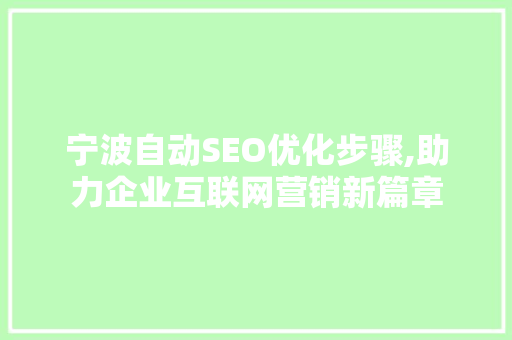 宁波自动SEO优化步骤,助力企业互联网营销新篇章
