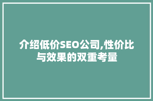 介绍低价SEO公司,性价比与效果的双重考量