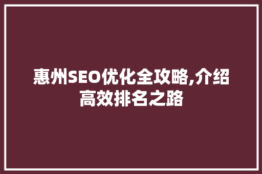 惠州SEO优化全攻略,介绍高效排名之路