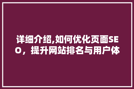 详细介绍,如何优化页面SEO，提升网站排名与用户体验