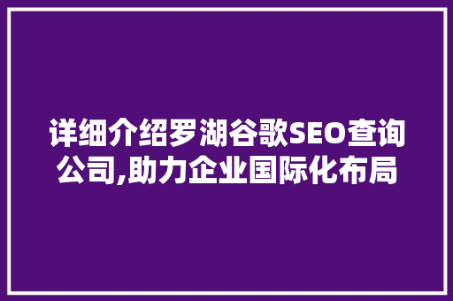 详细介绍罗湖谷歌SEO查询公司,助力企业国际化布局的关键一步