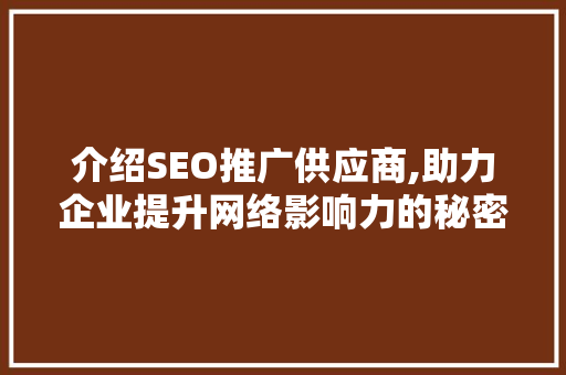 介绍SEO推广供应商,助力企业提升网络影响力的秘密武器  第1张