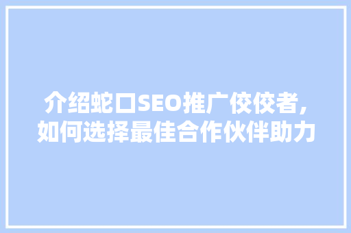 介绍蛇口SEO推广佼佼者,如何选择最佳合作伙伴助力企业腾飞