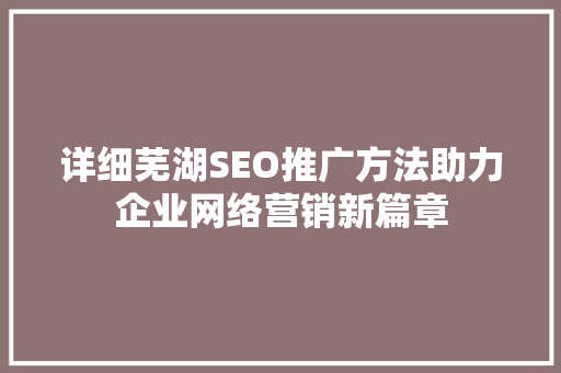 详细芜湖SEO推广方法助力企业网络营销新篇章