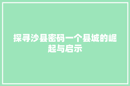 探寻沙县密码一个县城的崛起与启示