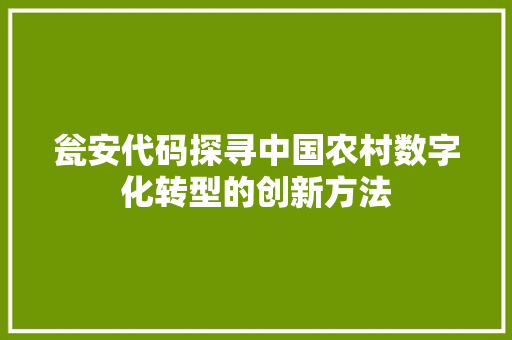 瓮安代码探寻中国农村数字化转型的创新方法