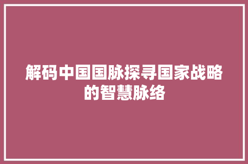 解码中国国脉探寻国家战略的智慧脉络